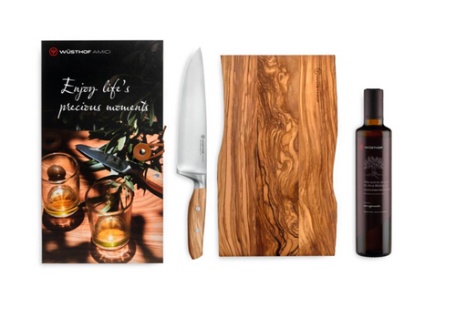 Wusthof Set de regalo : cuchillo de chef 20 cm, tabla de cortar y aceite de oliva «Amici»